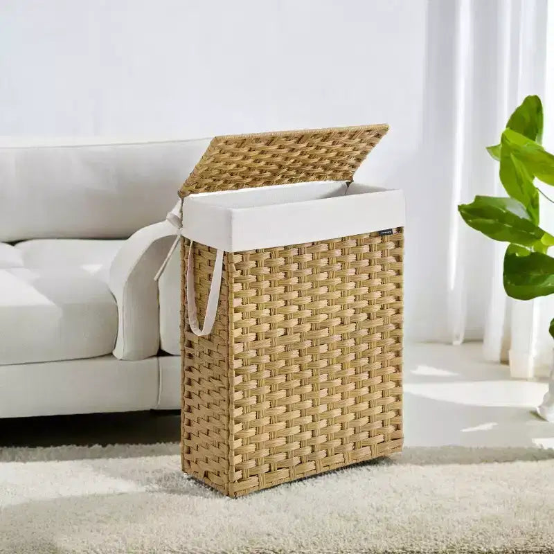 Panier à linge fin de 55 litres avec couvercle, en rotin, pliable, avec couvercle et poignées, doublure amovible