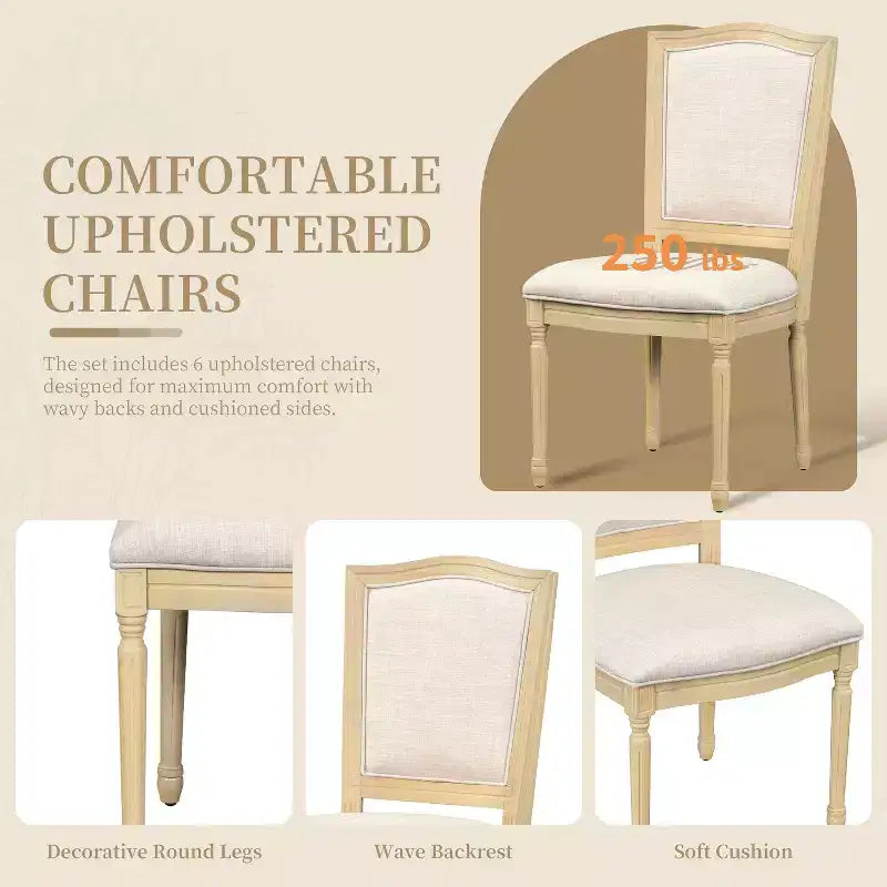 Ensemble de salle à manger rustique extensible pour 6 personnes, table à manger rectangulaire 7 pièces avec 6 chaises rembourrées, ensemble de table de cuisine avec 2 tiroirs