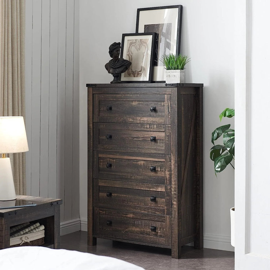 Commode en bois de style campagnard, 5 tiroirs, 122 cm de hauteur, pour chambre à coucher