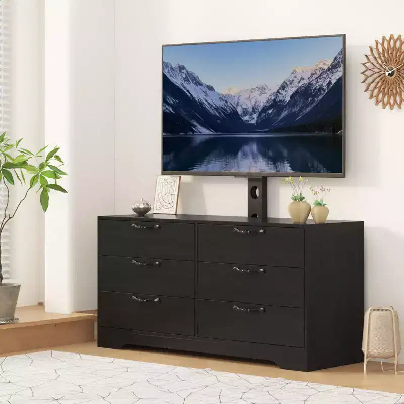 Meuble TV moderne de 63 pouces avec support pour téléviseur de 75 pouces, console multimédia à hauteur réglable avec 6 tiroirs, centre de divertissement robuste en MDF pour salon, chambre à coucher