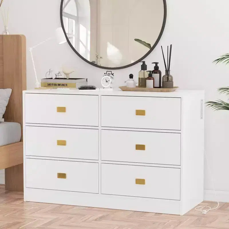 Commode de chambre d'enfant Coolmee avec plan à langer, commode bébé à 6 tiroirs avec kit anti-basculement, plateau étanche et rails de sécurité pour l'organisation du rangement