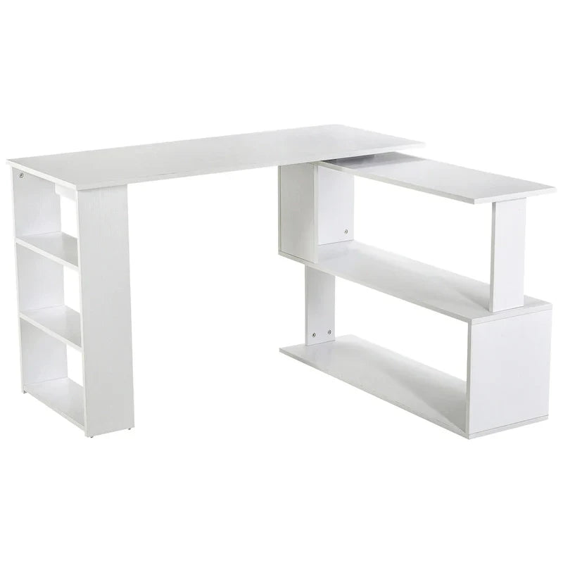 Bureau d'angle en L rotatif à 360° HOMCOM : Blanc, avec étagères de rangement