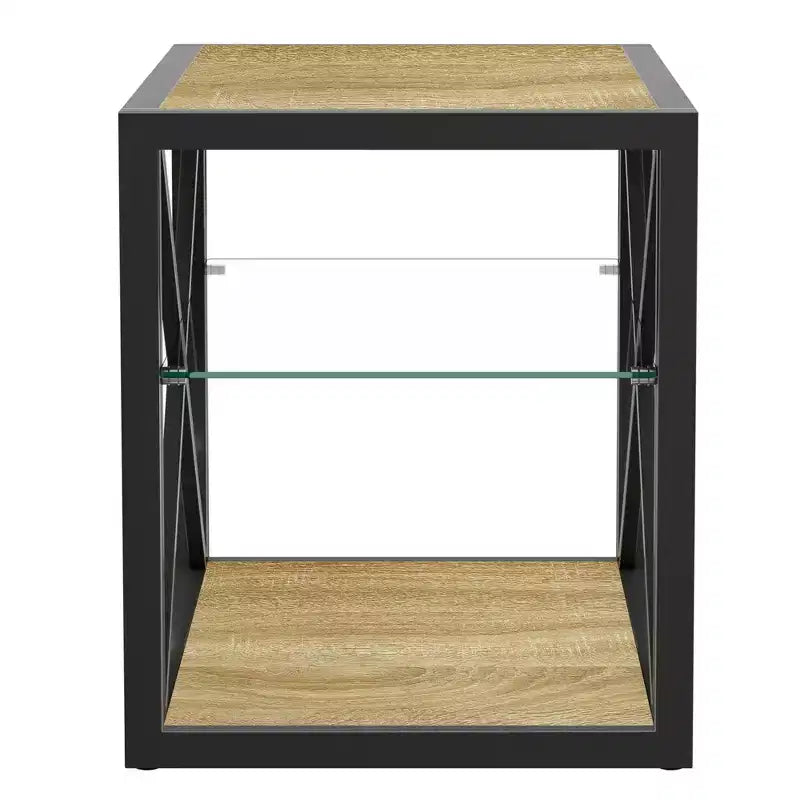 Lot de 2 tables d'appoint modernes avec tiroir - Tables de chevet en MDF grain de bois rustique et plateau en verre trempé pour chambre et salon