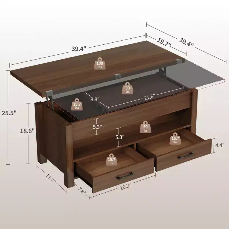 Table basse relevable Coolmee 40, table basse convertible multifonctionnelle avec tiroirs et compartiment caché, se transforme en table à manger