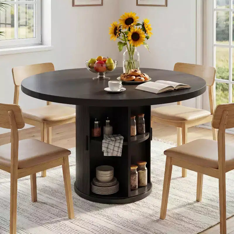 Table à manger ronde Dyonery de 90 cm en bois, Table à manger de cuisine rainurée, Table à manger ronde avec base de rangement, Ronde