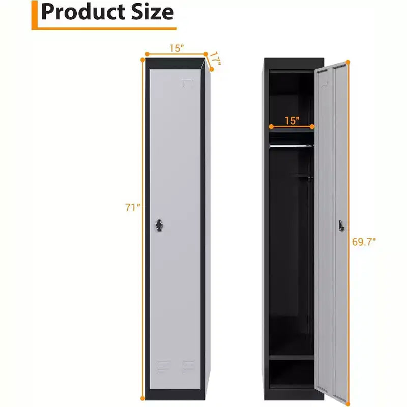 Armoire de rangement métallique de 72 po avec 1 porte, casiers pour employés et étudiants avec étagères, casier de rangement métallique en acier pour l'école, le bureau, la salle de sport, gris et noir