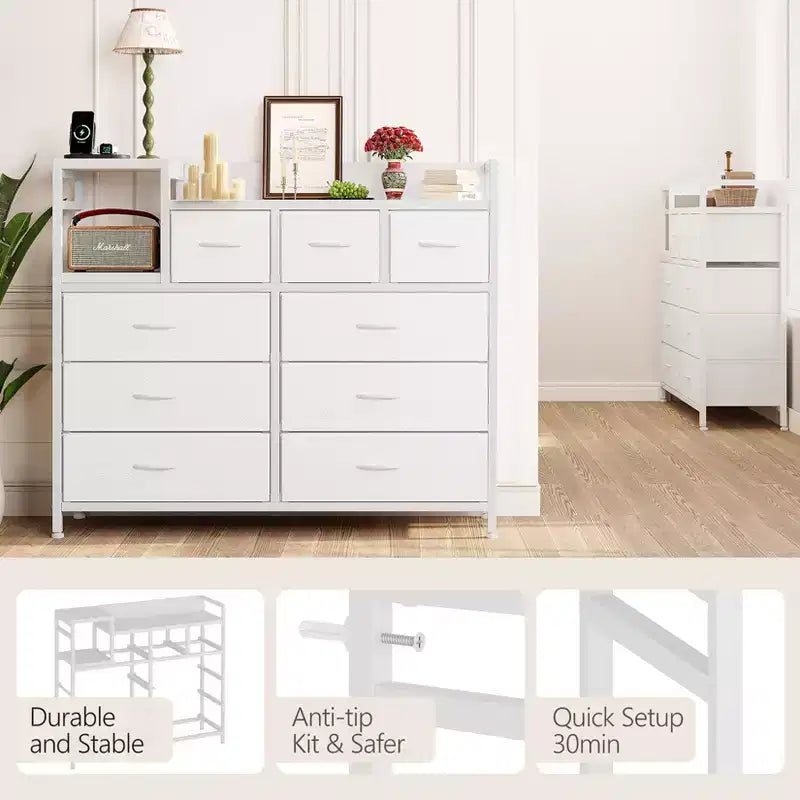 COZONY Commode de rangement à 9 tiroirs de 86,4 cm de haut et meuble TV, Tour de rangement en tissu, Rangement à cadre en acier robuste pour le salon, utilisation dans les petits espaces