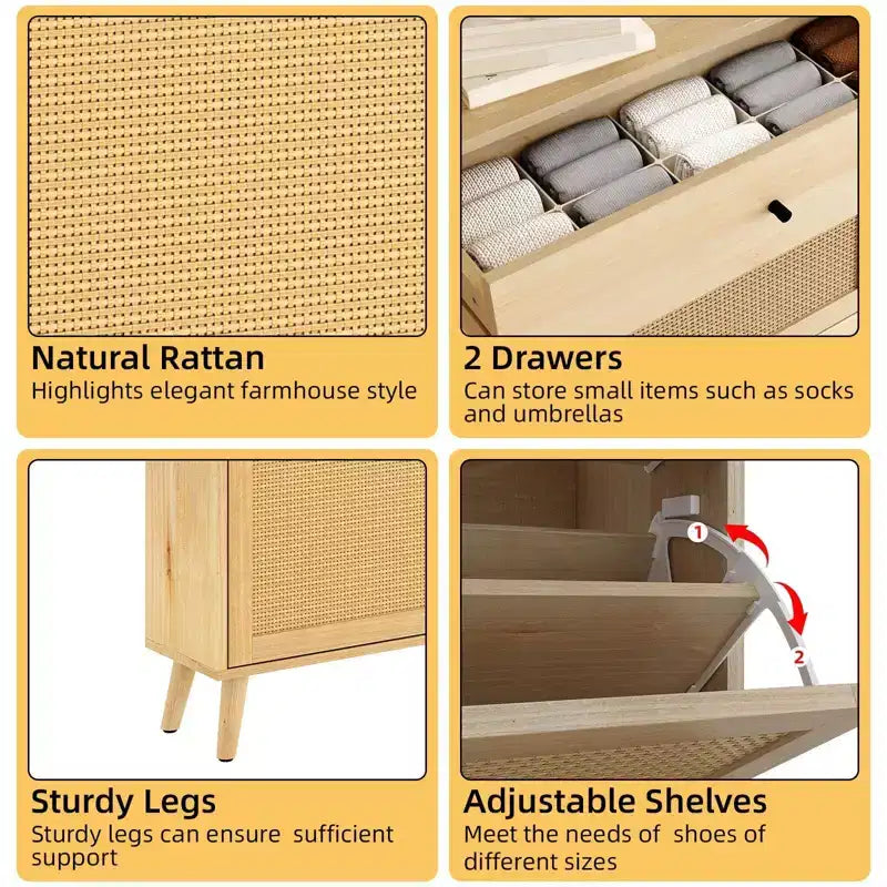 Coolmee Meuble à Chaussures en Rotin avec 4 Tiroirs Rabattables et 2 Tiroirs pour Entrée, Meuble de Rangement à Chaussures Étroit, Organisateur de Chaussures Caché pour Entrée