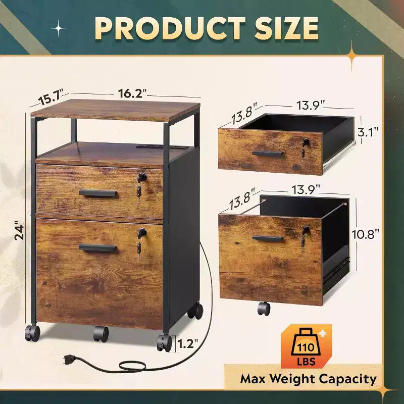 Classeur à 2 tiroirs, support d'imprimante mobile avec étagère de rangement ouverte, meuble de classement en bois pour documents A4 ou format lettre pour bureau à domicile