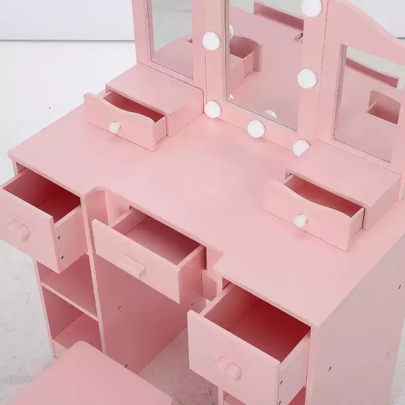 Table de toilette 2-en-1, ensemble table et chaise de coiffeuse pour enfants, coiffeuse en bois pour princesse, table de maquillage de jeu de rôle pour princesse