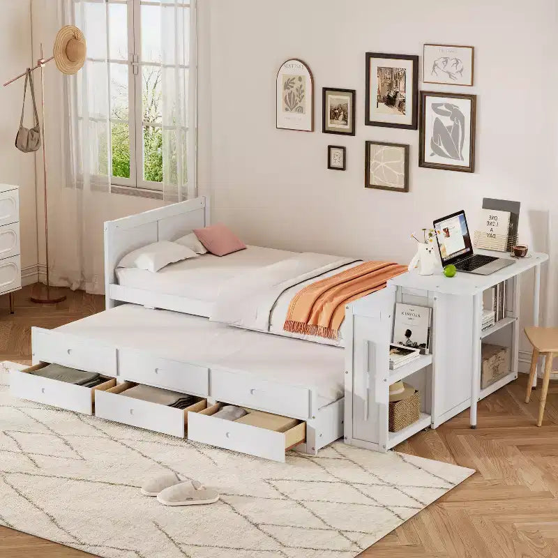 Lit plate-forme en bois simple avec bureau et étagère de rangement, Cadre de lit en bois simple/grand avec lit gigogne et 3 tiroirs