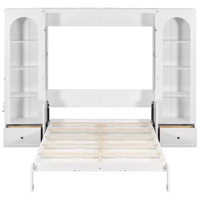 Lit escamotable Queen Size avec armoires latérales et éclairage LED, lit armoire pliant avec étagères de rangement et tiroirs pour chambre d'amis, blanc
