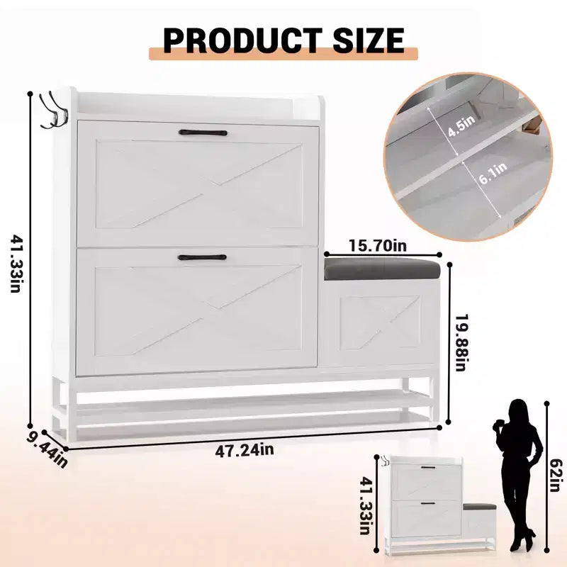Meuble à chaussures avec banc, Meuble de rangement à chaussures étroit et mince de style rustique avec 2 tiroirs basculants pour entrée, salon, couloir
