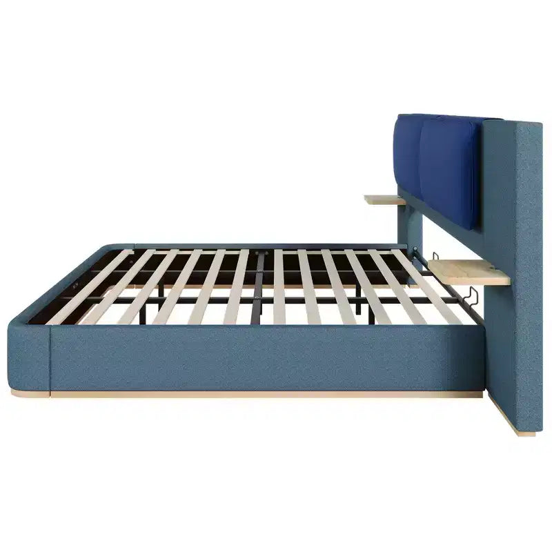 Cadre de lit plateforme capitonné Whisen King Size avec étagères de rangement latérales, tête de lit et panneau en PU doux, anti-collision, assemblage facile