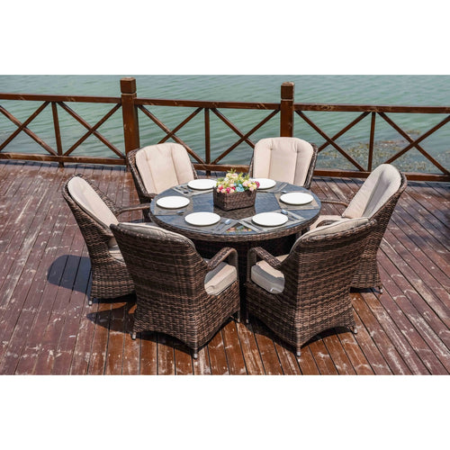 Ensemble de salle à manger rond 7 pièces en rotin tressé d'extérieur avec coussins par Moda Furnishings
