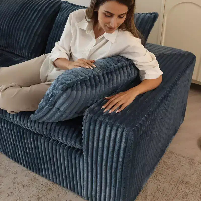 Canapé d'angle modulable en velours côtelé blanc de 4 m avec 2 poufs, grand canapé profond, design double couche, coussin amovible, aucun assemblage requis.