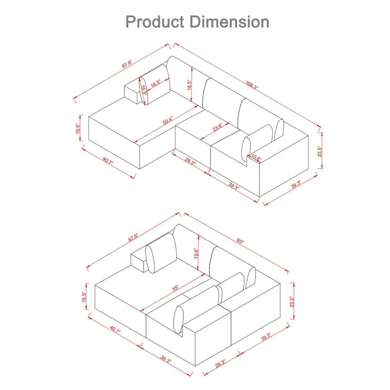 Canapé modulaire d'angle en velours côtelé 108.3 avec méridienne