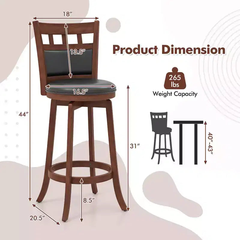 Lot de 2 tabourets de bar pivotants en bois Costway avec assise et dossier rembourrés en similicuir