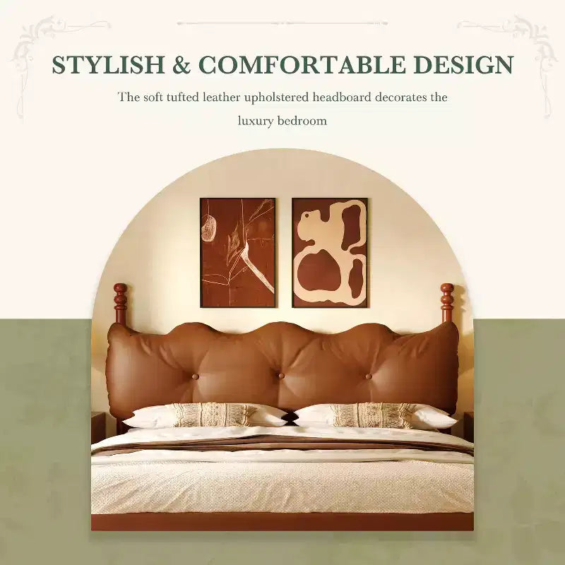 Cadre de lit Queen/King en cuir PU avec tête de lit capitonnée ondulée, de style moderne du milieu du siècle et vintage, Café - ModernLuxe