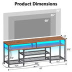 Meuble TV Rustique Marron de 160 cm avec Station de Chargement, Lumières LED, Centre de Divertissement pour TV jusqu'à 70 Pouces, Console Média avec Étagères de Rangement pour Salon