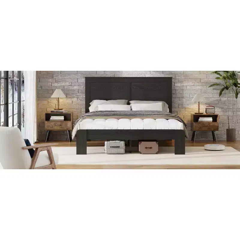Cadre de lit en bois, taille double/grand lit/très grand lit, silencieux, pas besoin de sommier tapissier, outils de montage faciles, grand rangement sous le lit, noir foncé