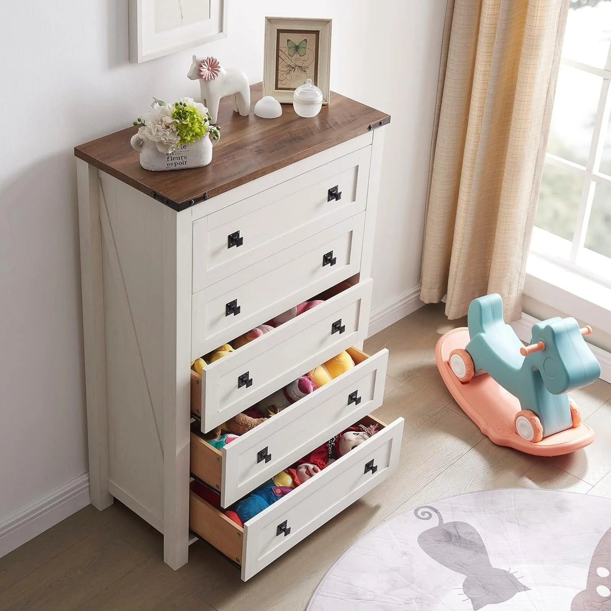 Commode en bois de style campagnard, 5 tiroirs, 122 cm de hauteur, pour chambre à coucher
