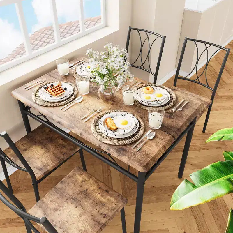 Table et chaises de cuisine, Ensemble de table à manger pour 4 avec chaises, Table à manger rectangulaire en métal et bois pour petits espaces, Appartement