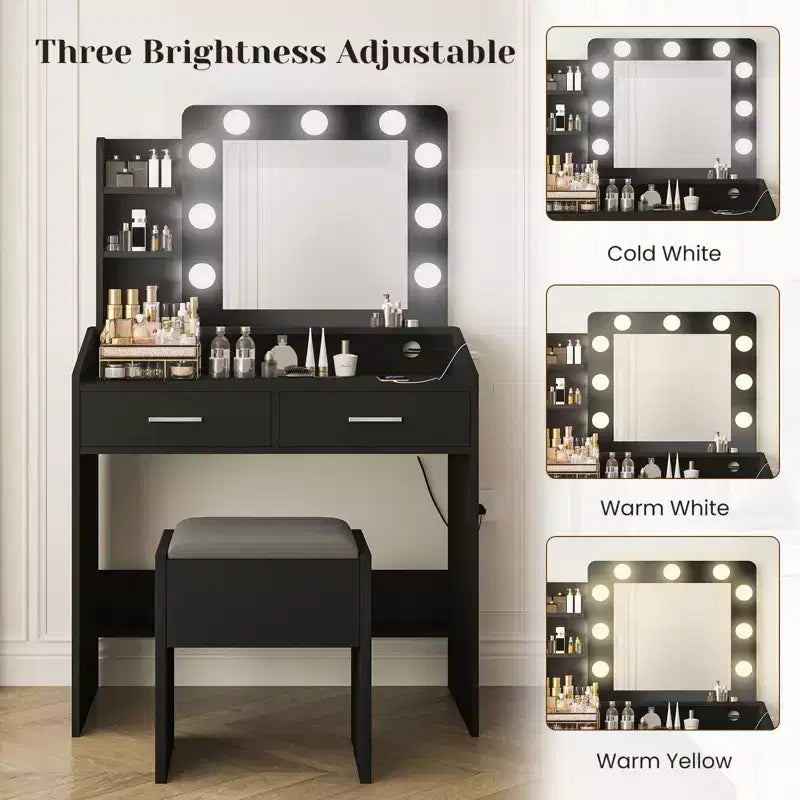 Coiffeuse de Maquillage avec Lumières, Bureau de Maquillage avec Miroir et Lumières, Grand Tiroir et Armoire de Rangement à Deux Étages, 3 Modes d'Éclairage