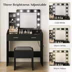 Coiffeuse de Maquillage avec Lumières, Bureau de Maquillage avec Miroir et Lumières, Grand Tiroir et Armoire de Rangement à Deux Étages, 3 Modes d'Éclairage