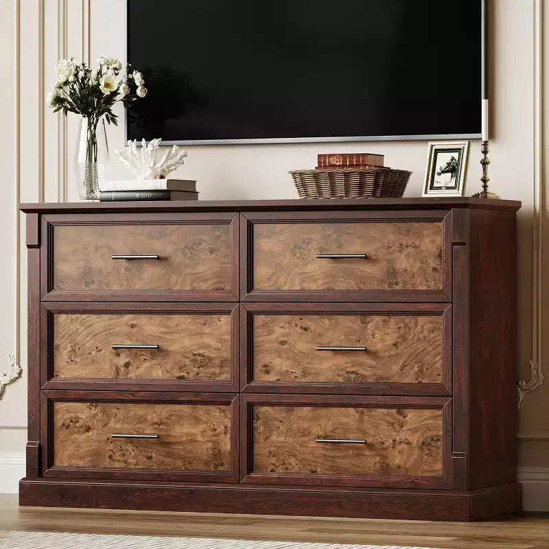 COZONY 47 Commode de ferme à 6 tiroirs, double commode rustique en bois avec poignées en métal pour chambre, salon et rangement de couloir