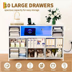 Commode de rangement à 10 tiroirs avec support TV, bande lumineuse LED et prises électriques, commode en tissu avec plateau en bois, meuble TV pour téléviseur de 55 pouces, commode de rangement