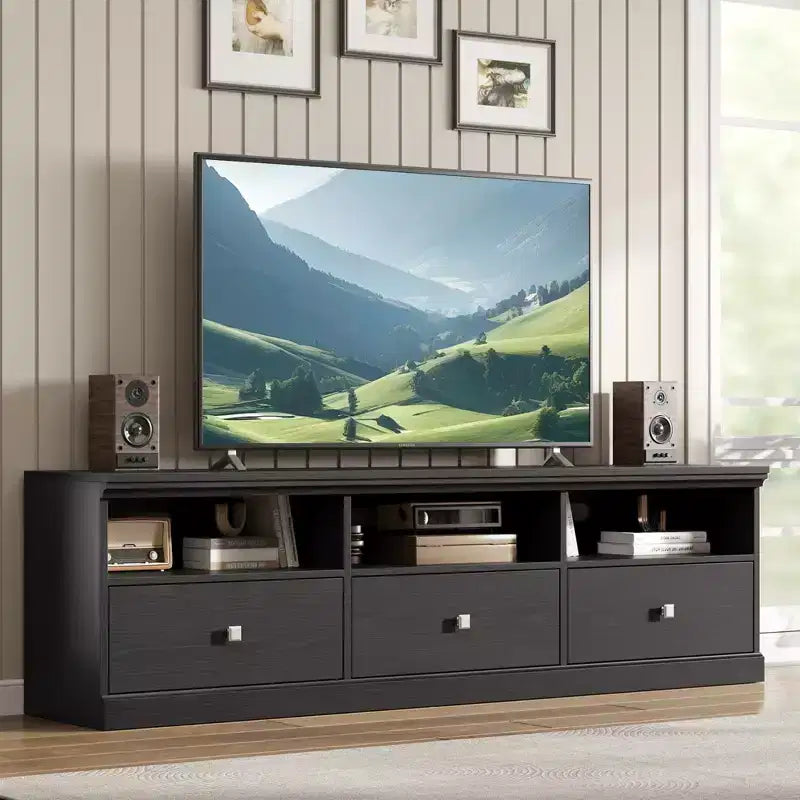 Meuble TV 70 pouces pour téléviseurs jusqu'à 80 pouces, meuble de divertissement moderne du milieu du siècle avec tiroir, meuble TV console média pour salon, chambre à coucher