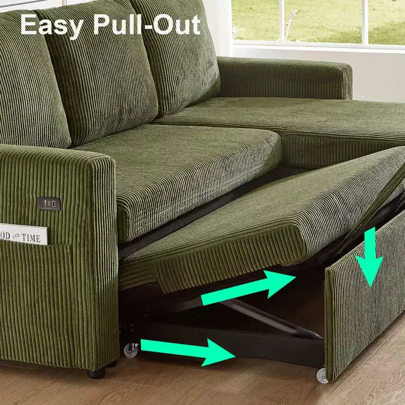 Canapé convertible Dyonery - Canapé-lit gigogne 2 en 1 avec chaise de rangement pour salon, canapé sectionnel en velours côtelé avec ports USB, assemblage sans outils