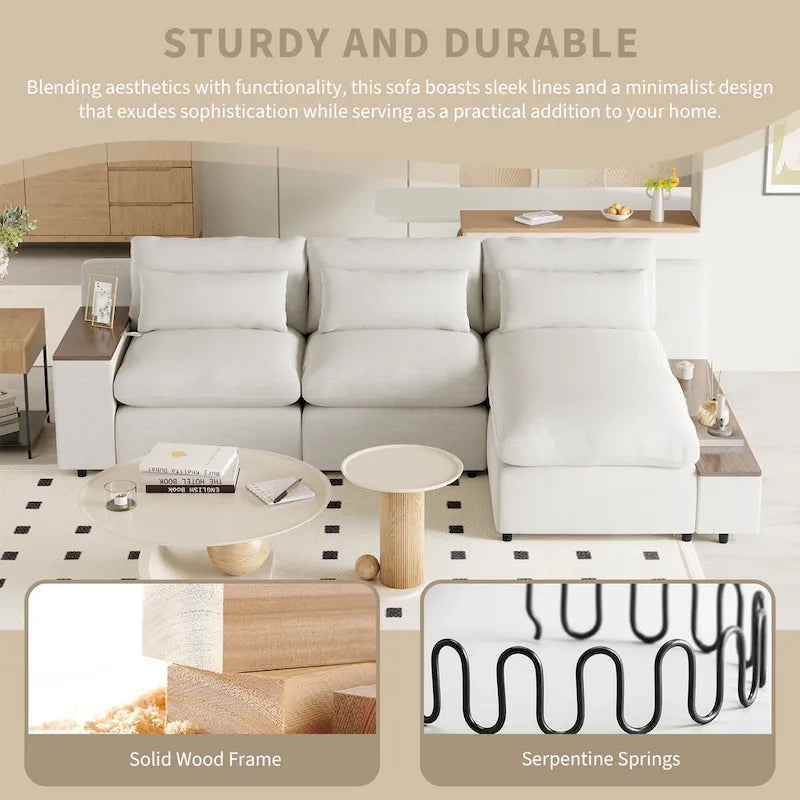 Canapé d'angle 3 places beige 109,8 L avec compartiments de rangement