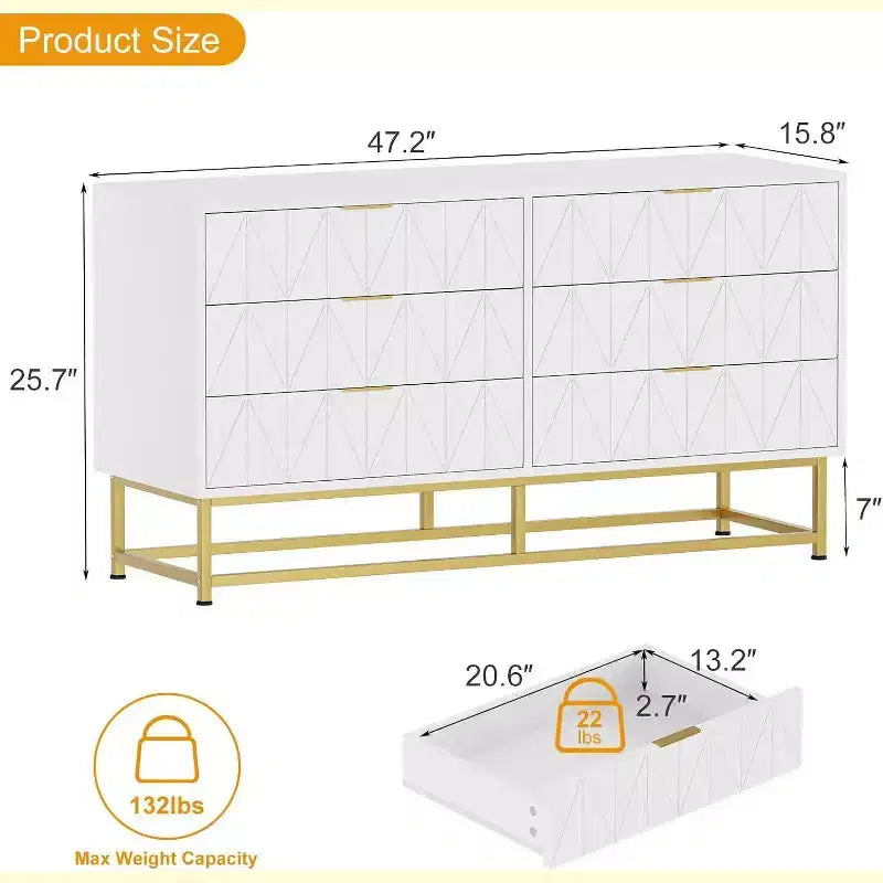 Commode 6 tiroirs Coolmee, tiroirs de commode modernes, organisateur de tiroirs avec pieds en métal, armoire de rangement pour chambre, salon, couloir, placard