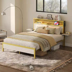 Cadre de lit Bestier Queen/Full en tissu, plateforme de lit LED, tête de lit de rangement avec étagères pliantes et station de charge