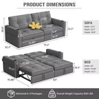 Canapé-lit causeuse Queen size 73" avec lit gigogne, poches et USB, petit canapé convertible moderne 2 places pour salon, gris