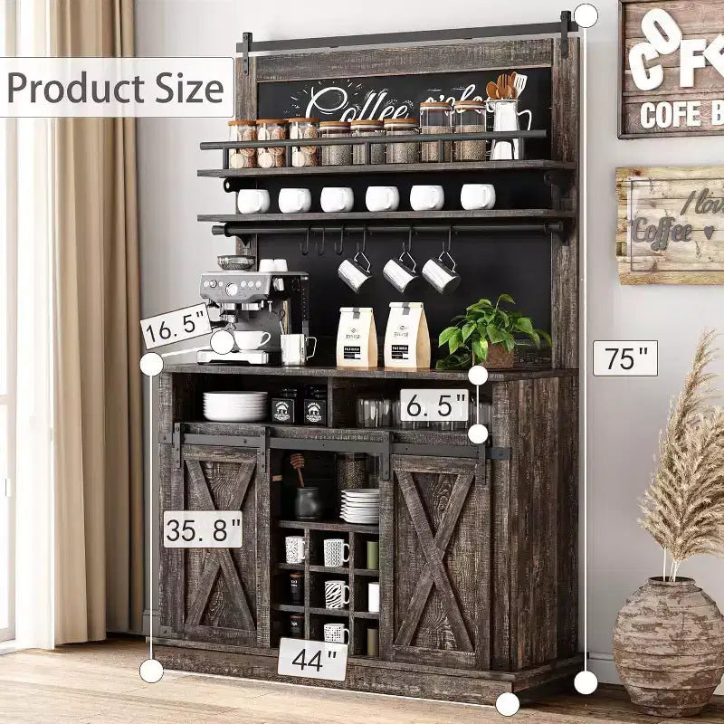 Meuble à café style ferme, 75 pouces de haut, buffet avec rangement, grand meuble de bar avec porte coulissante de style grange, salle à manger