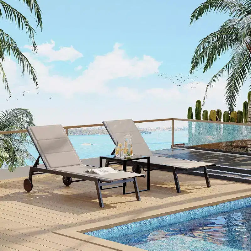 2 chaises longues de patio en tissu avec table d'appoint, dossier réglable, transats de piscine à roulettes, chaises de bronzage pour piscine extérieure, cour, pelouse