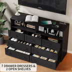 Commode en bois à 7 tiroirs avec station de recharge USB et lumières LED - Coiffeuse moderne avec 2 niches ouvertes pour chambre à coucher, salon, placard ou chambre d'enfant