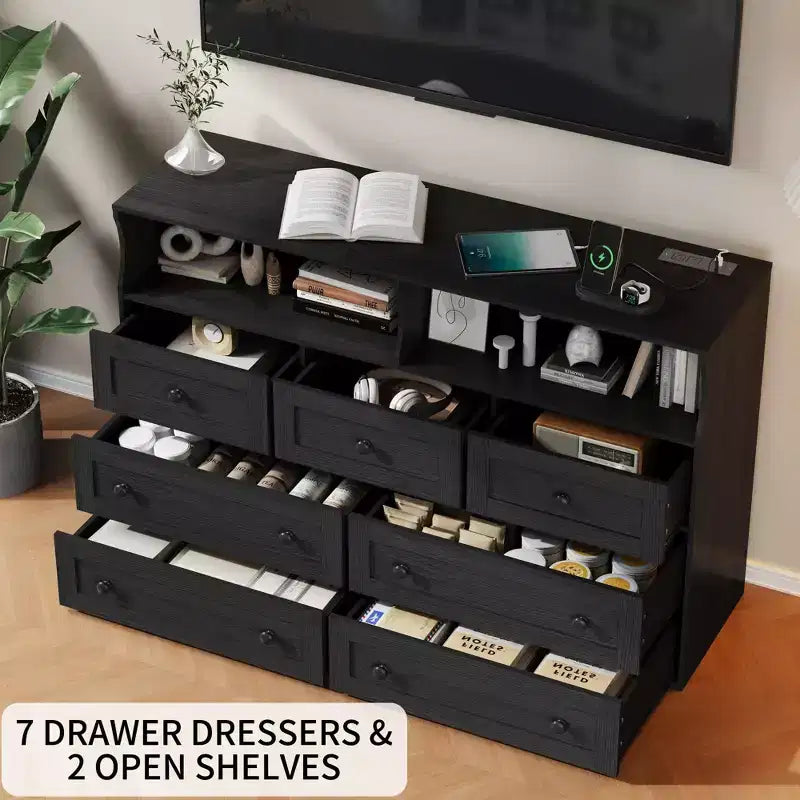 Commode en bois à 7 tiroirs avec station de recharge USB et lumières LED - Coiffeuse moderne avec 2 niches ouvertes pour chambre à coucher, salon, placard ou chambre d'enfant