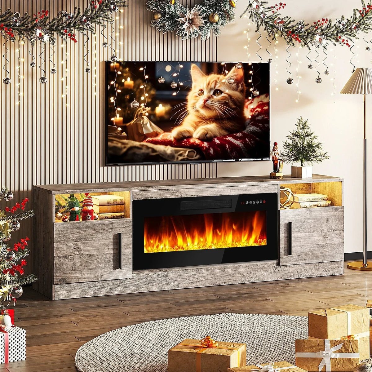 Meuble TV cheminée Bossin 70 avec cheminée électrique 36, meuble TV pour téléviseurs jusqu'à 80 pouces, lumières LED 16 couleurs/centre de divertissement