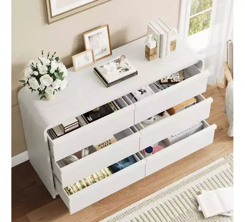 Commode de table à manger moderne à 6 tiroirs en arche - Commode en bois noir de 120 cm de large - Design à bords incurvés - Grand espace de rangement pour salle à manger, chambre, salon