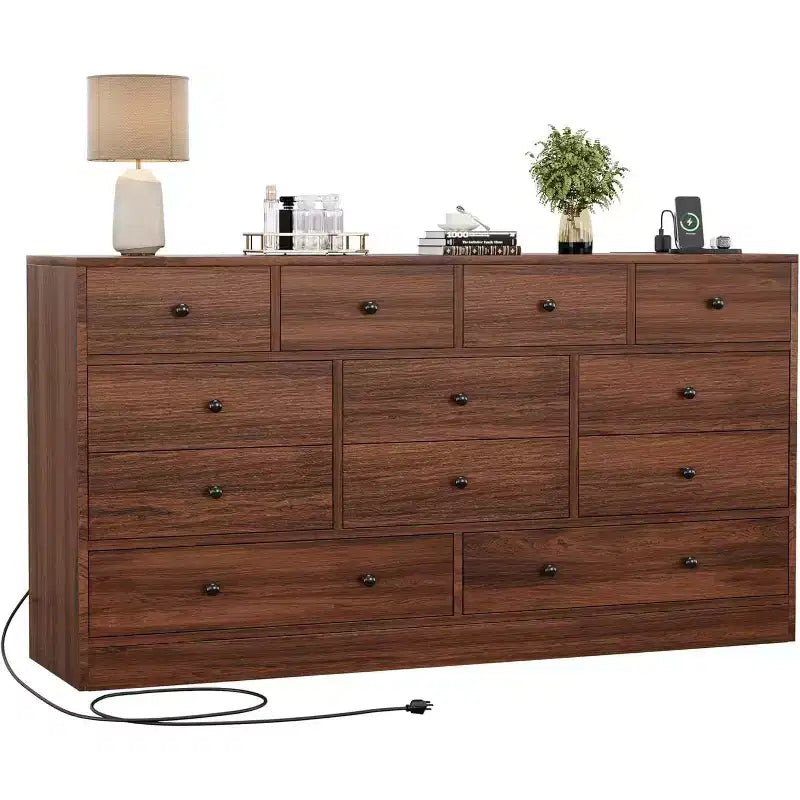 Acekool Commode 12 Tiroirs avec Prises de Courant, Meuble de Rangement en Bois pour Chambre, Salon, Couloir, 155 cm