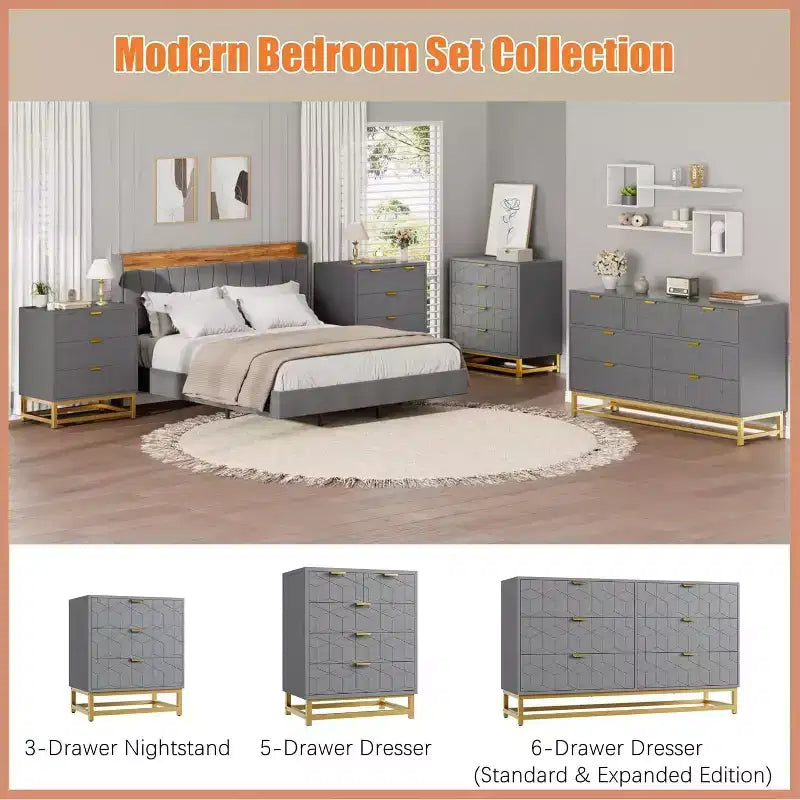 Commode de rangement moderne Acekool à 5 tiroirs avec poignées métalliques pour chambre, salon ou entrée - Blanc avec pieds en métal doré