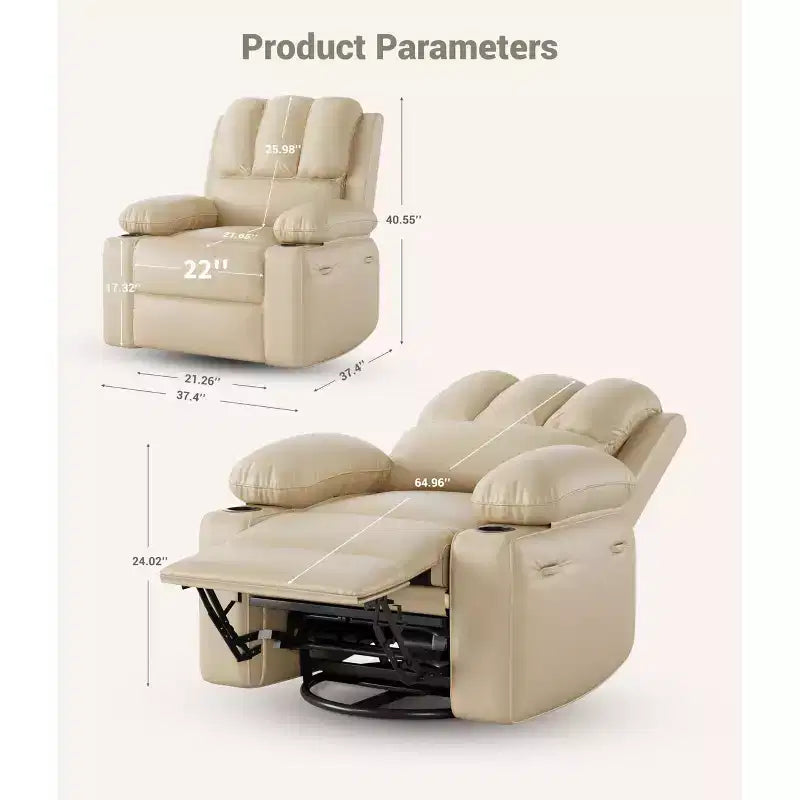 Fauteuil inclinable pour adultes, fauteuil inclinable manuel à bascule en similicuir, fauteuil inclinable pivotant à 360 degrés avec poche latérale, fauteuil inclinable simple, beige