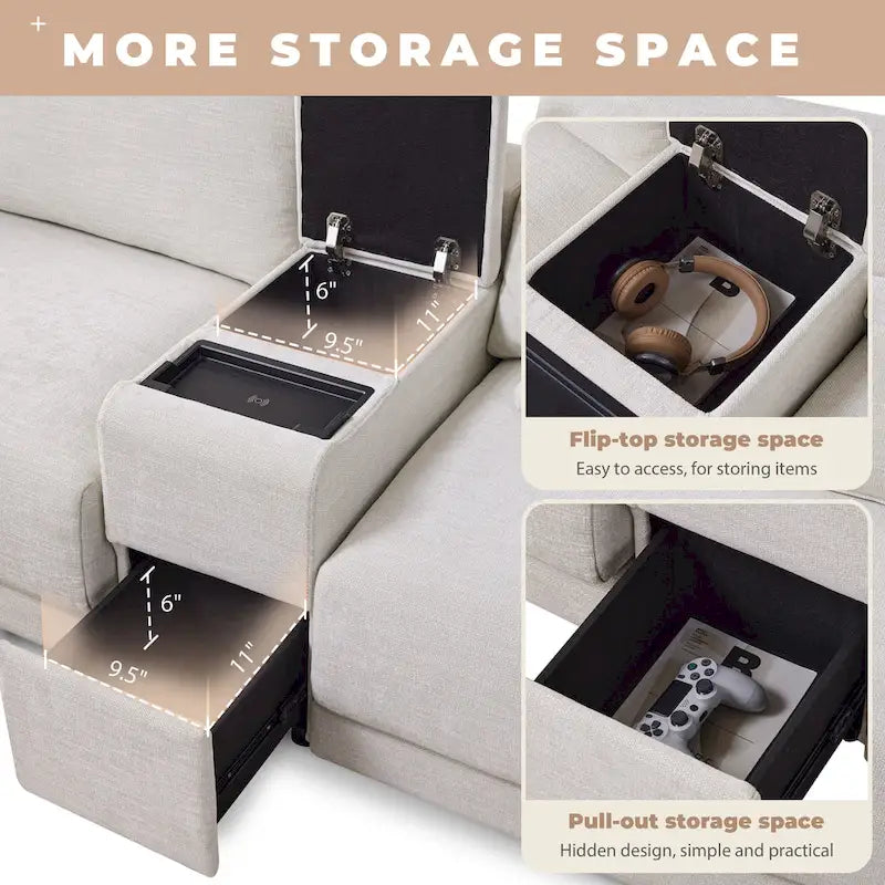 Canapé d'angle 4 places en chenille 124 avec console de rangement et port USB