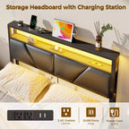 Cadre de lit double Qwatto avec 6 tiroirs, station de charge, lumières LED, tête de lit rembourrée en cuir PU, plateforme en métal, pas besoin de sommier.