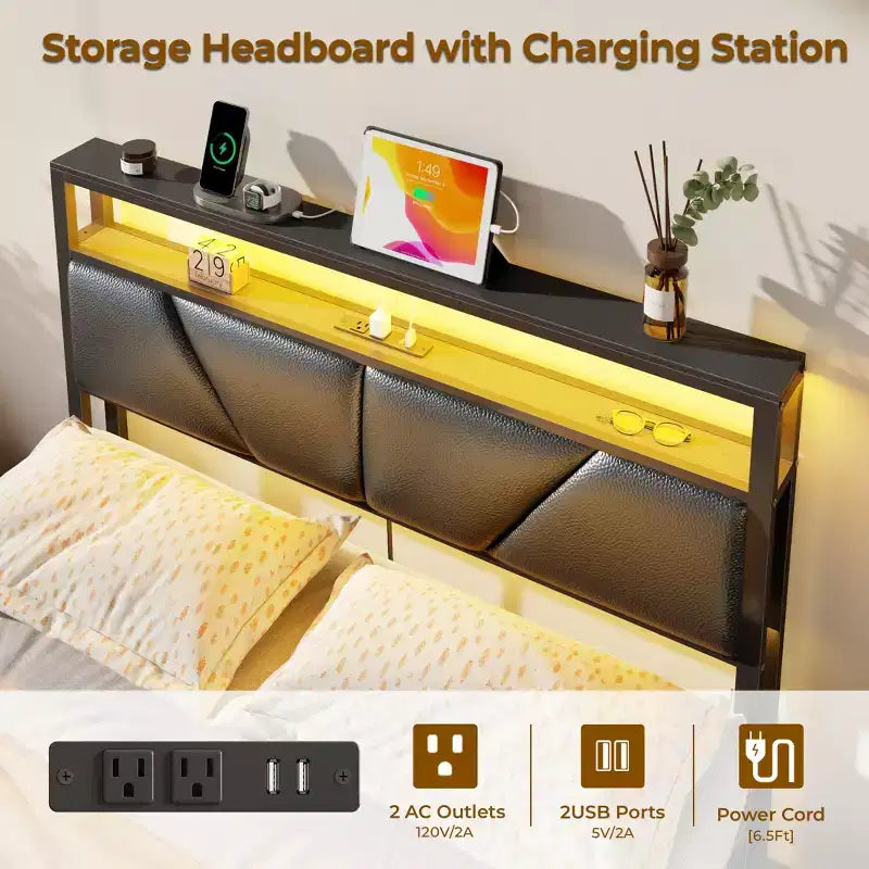 Cadre de lit double Qwatto avec 6 tiroirs, station de charge, lumières LED, tête de lit rembourrée en cuir PU, plateforme en métal, pas besoin de sommier.