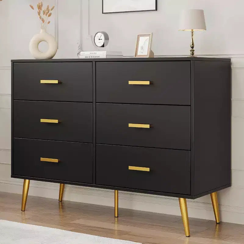 Commode moderne à 6 tiroirs avec espace de rangement, commode en bois avec poignées dorées, commode avec tiroirs profonds pour chambre à coucher, salon, bureau